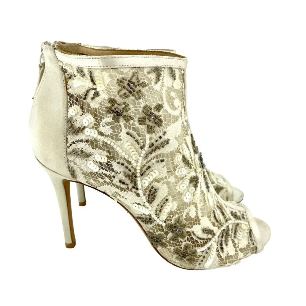 Badgley Mischka Moyra Booties Peep toe Beaded Sequin Beige Ankle SZ 7.5